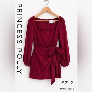 Princess Polly Burgundy Long Sleeve Wrap Mini Dress — Size 2